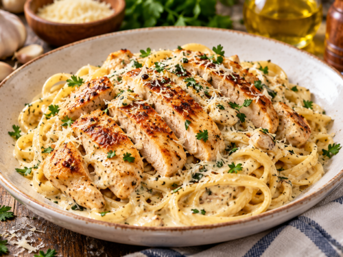 Creamy garlic chicken pasta with Parmesan cheese and fresh parsley