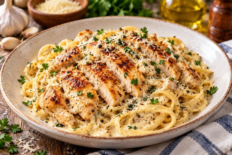 Creamy garlic chicken pasta with Parmesan cheese and fresh parsley