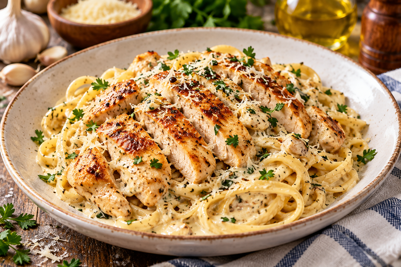 Creamy garlic chicken pasta with Parmesan cheese and fresh parsley