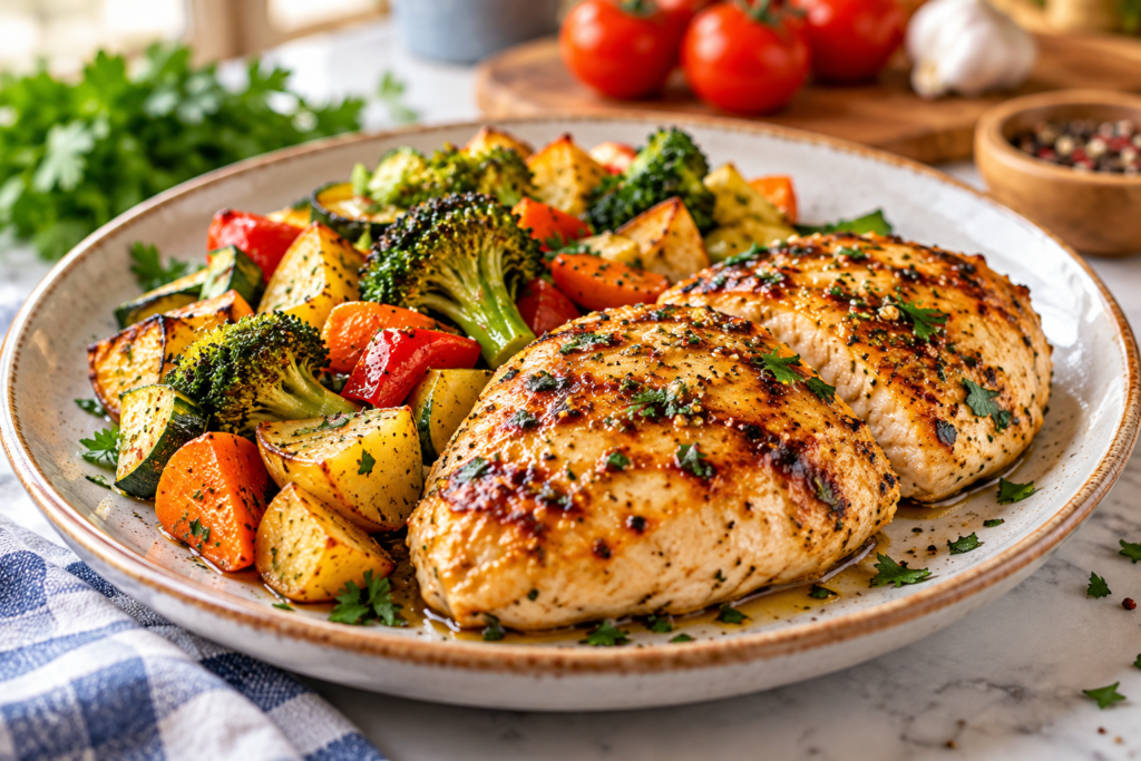 Herb-grilled chicken with roasted vegetables on a plate