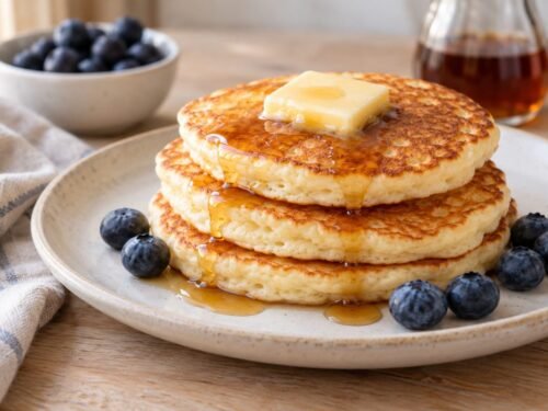 Stack of fluffy golden buttermilk pancakes topped with butter and maple syrup, with blueberries around the plate.