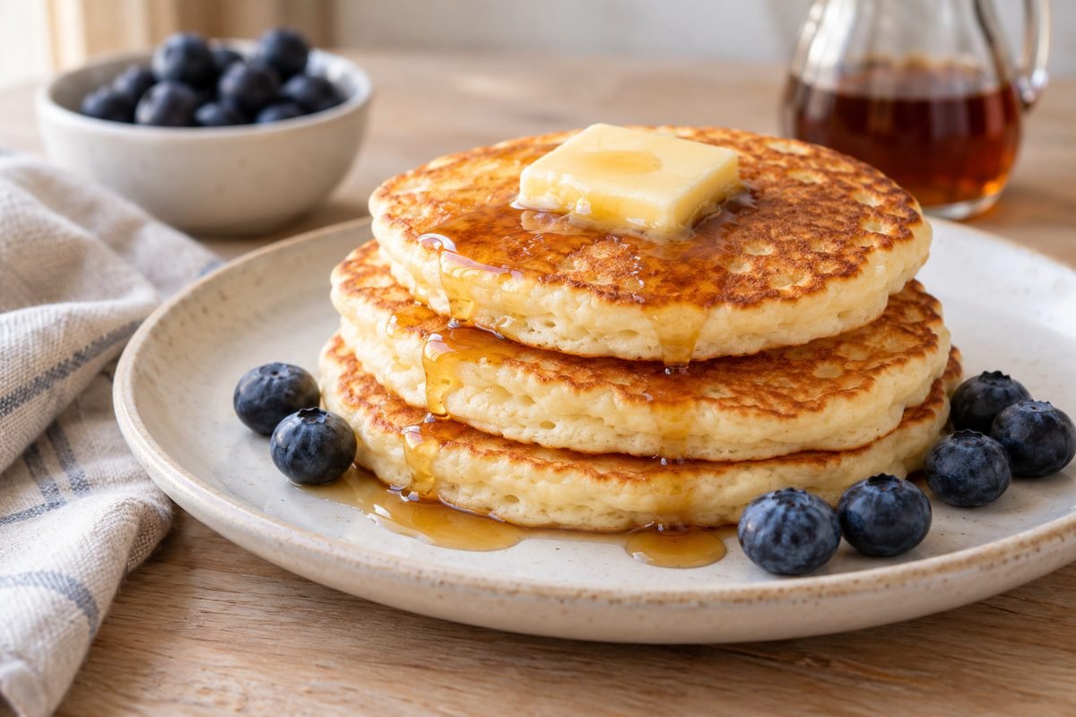 Stack of fluffy golden buttermilk pancakes topped with butter and maple syrup, with blueberries around the plate.