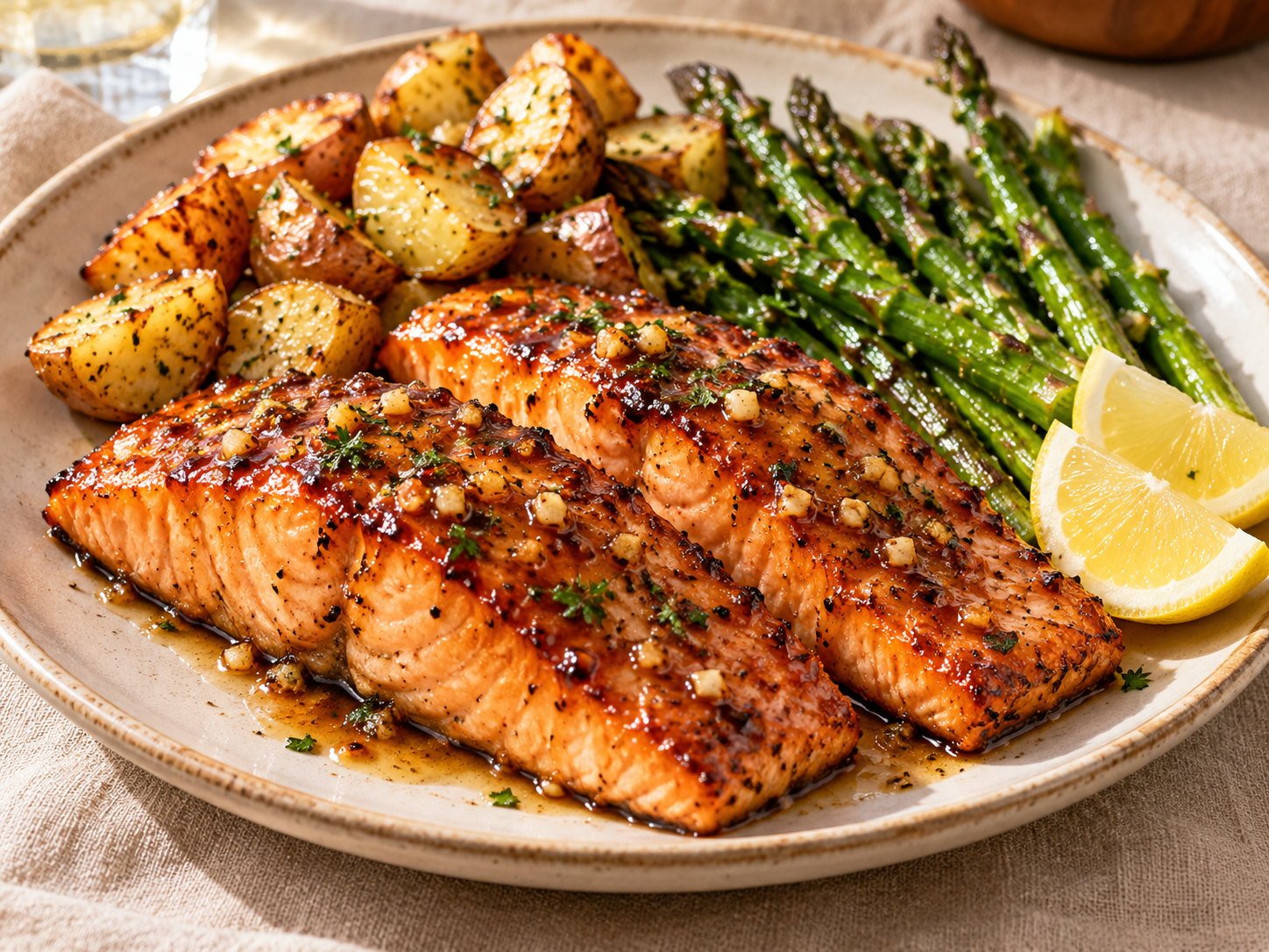 Honey garlic glazed salmon served with roasted potatoes, asparagus, and lemon wedges.